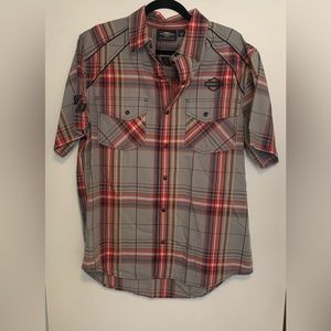 Harley-Davidson Snap Close Shirt With Piping Detail.  Gray Plaid.  Size Large.